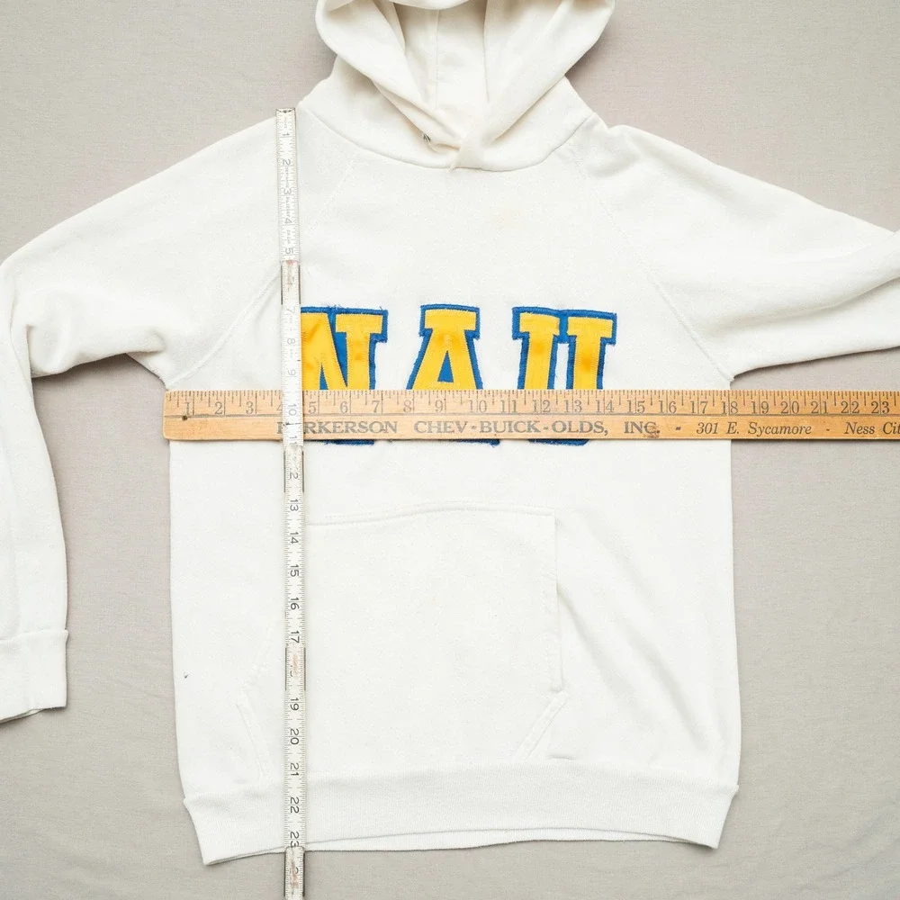 Vintage 70s 80s White Raglan NAU Hoodie Adult Medium Sewn Letters‎ Artex